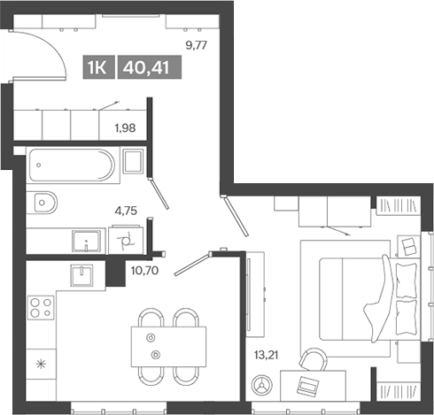 Планировка — Ньютон, 1-комн., 40 м²