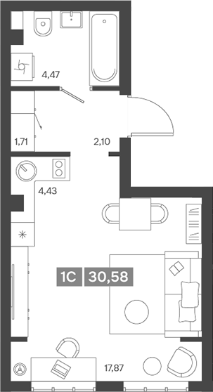Планировка — Ньютон, Студия, 31 м²
