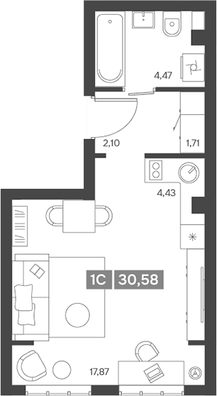 Планировка — Ньютон, Студия, 31 м²