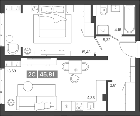 Планировка — Ньютон, 2-комн., 46 м²