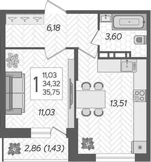 Планировка — Смородина, 1-комн., 34 м²