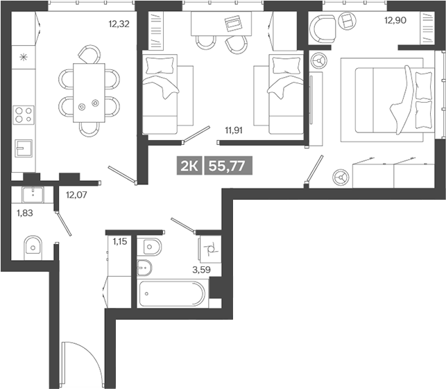 Планировка — Ньютон, 2-комн., 56 м²