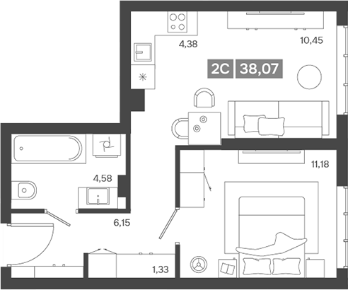 Планировка — Ньютон, 2-комн., 38 м²
