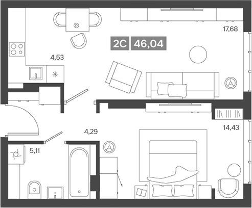 Планировка — Ньютон, 2-комн., 46 м²