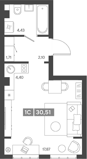 Планировка — Ньютон, Студия, 31 м²