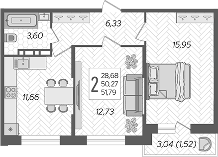 Планировка — Смородина, 2-комн., 50 м²