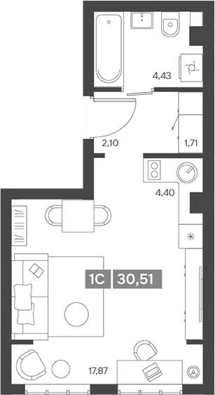 Планировка — Ньютон, Студия, 31 м²