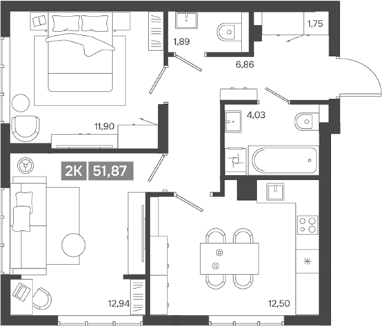 Планировка — Ньютон, 2-комн., 52 м²