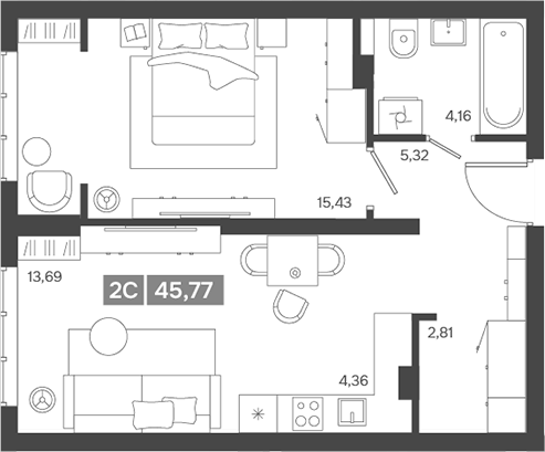 Планировка — Ньютон, 2-комн., 46 м²