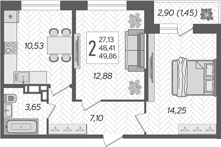 Планировка — Смородина, 2-комн., 48 м²