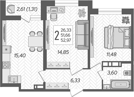 Планировка — Смородина, 3-комн., 52 м²
