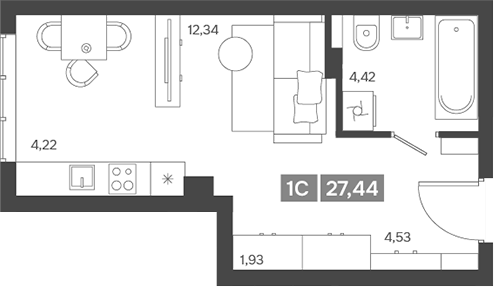 Планировка — Ньютон, Студия, 27 м²