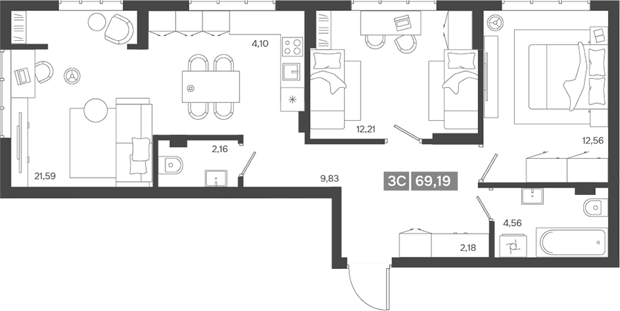 Планировка — Ньютон, 3-комн., 69 м²