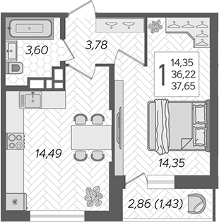 Планировка — Смородина, 1-комн., 36 м²
