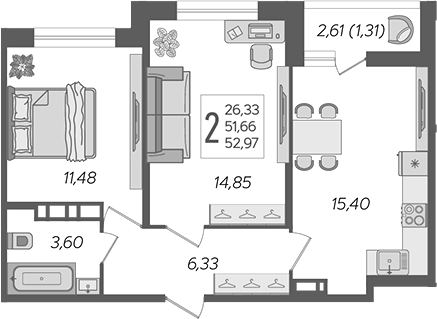 Планировка — Смородина, 3-комн., 52 м²