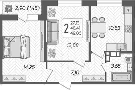 Планировка — Смородина, 2-комн., 48 м²