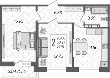 Планировка — Смородина, 2-комн., 50 м²