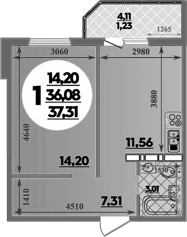 Планировка — Суворовский, 1-комн., 36 м²