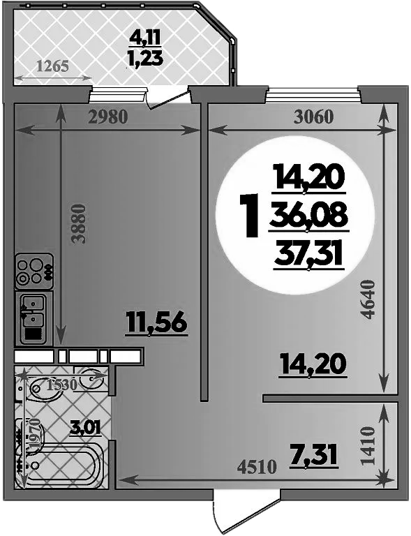 Планировка — Суворовский, 1-комн., 36 м²