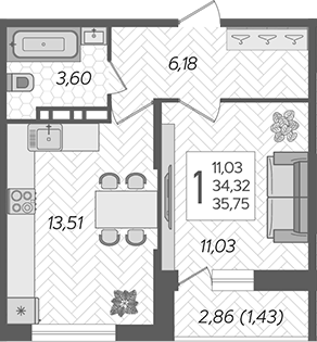 Планировка — Смородина, 1-комн., 34 м²