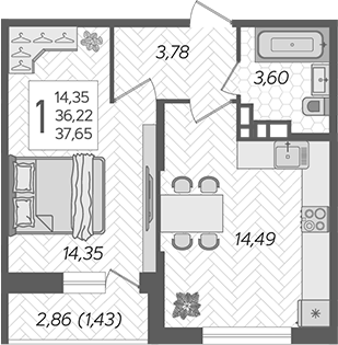 Планировка — Смородина, 1-комн., 36 м²