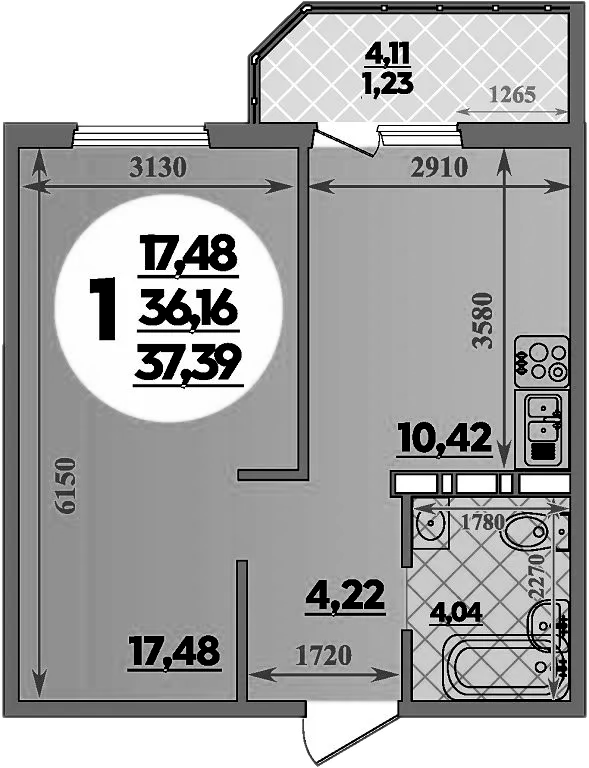 Планировка — Суворовский, 1-комн., 36 м²