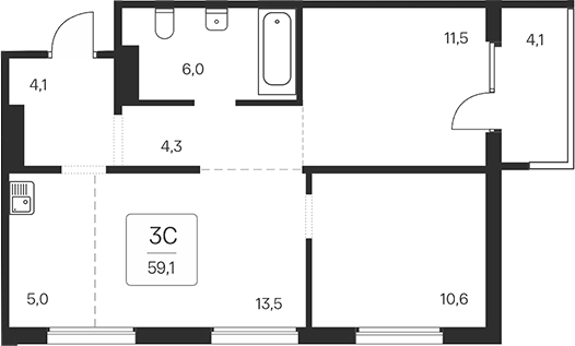 Планировка — Квартал на Игарской, 3-комн., 55 м²