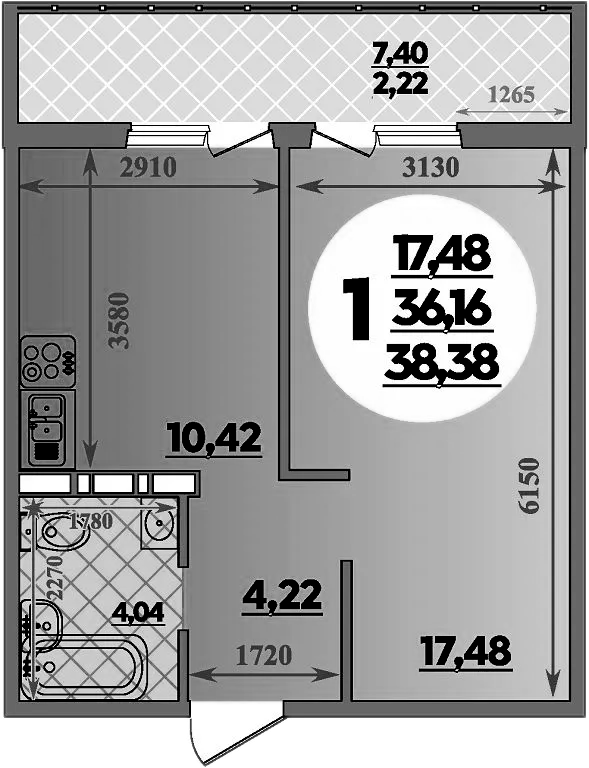Планировка — Суворовский, 1-комн., 36 м²