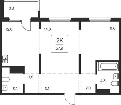 Планировка — Квартал на Игарской, 2-комн., 54 м²