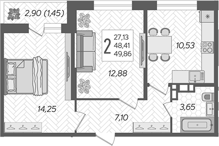 Планировка — Смородина, 2-комн., 48 м²