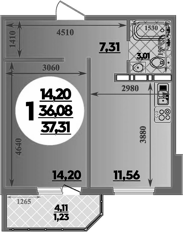 Планировка — Суворовский, 1-комн., 36 м²