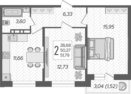 Планировка — Смородина, 2-комн., 50 м²