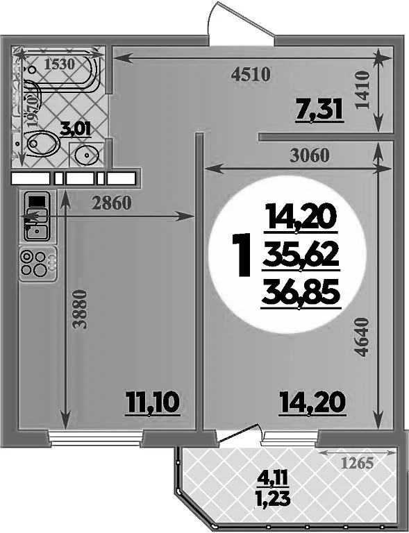 Планировка — Суворовский, 1-комн., 36 м²