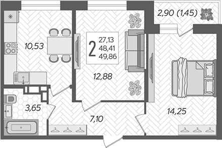 Планировка — Смородина, 2-комн., 48 м²