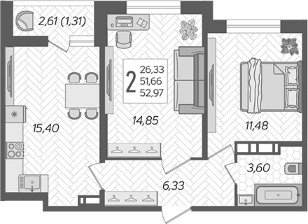 Планировка — Смородина, 3-комн., 52 м²