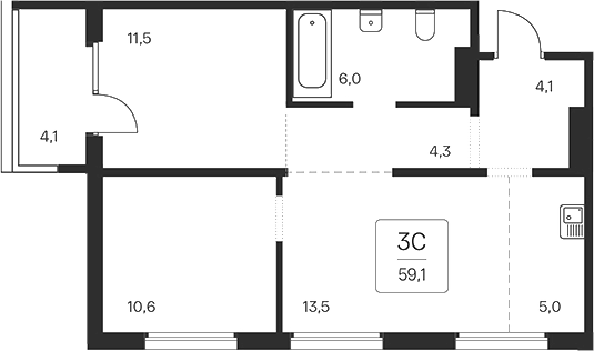 Планировка — Квартал на Игарской, 3-комн., 55 м²