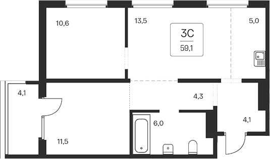 Планировка — Квартал на Игарской, 3-комн., 55 м²