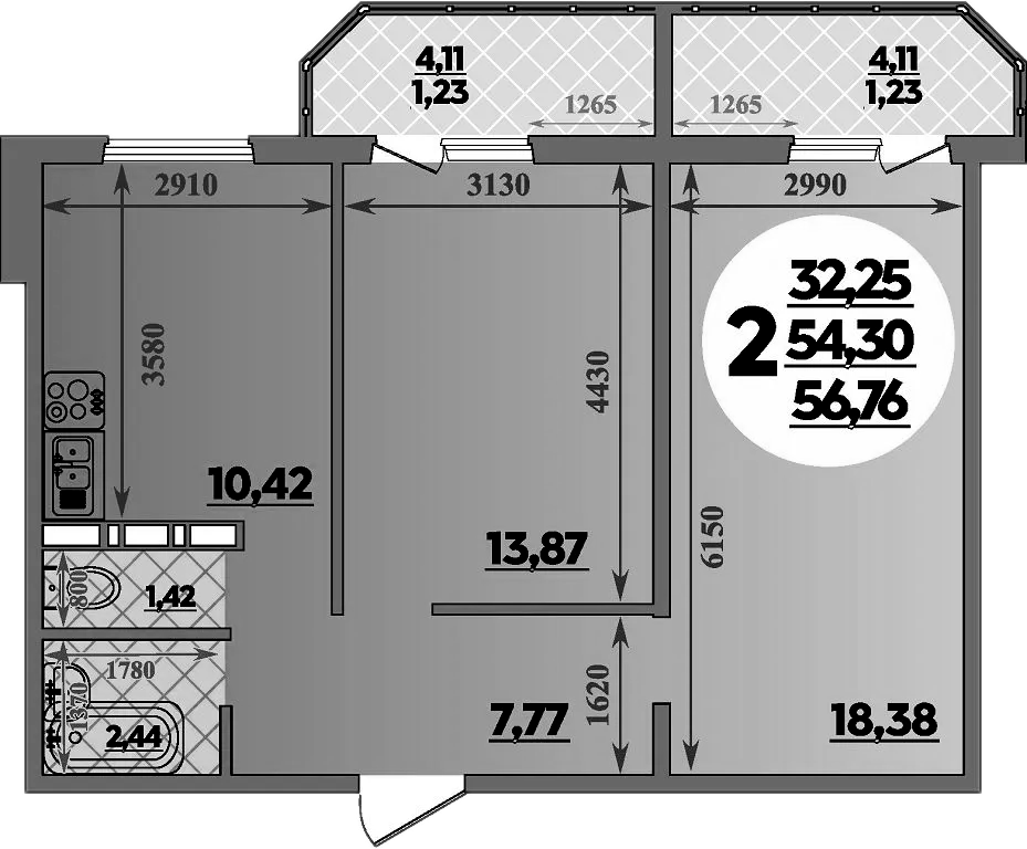 Планировка — Суворовский, 2-комн., 54 м²