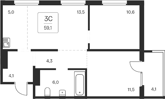 Планировка — Квартал на Игарской, 3-комн., 55 м²