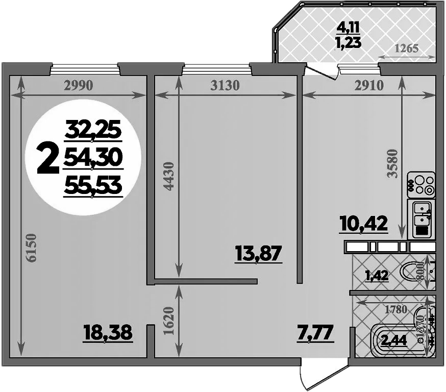 Планировка — Суворовский, 2-комн., 54 м²