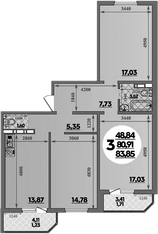 Планировка — Суворовский, 3-комн., 81 м²