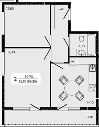 Планировка — Притяжение, 2-комн., 55 м²