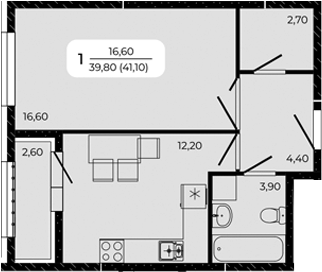 Планировка — Притяжение, 1-комн., 40 м²