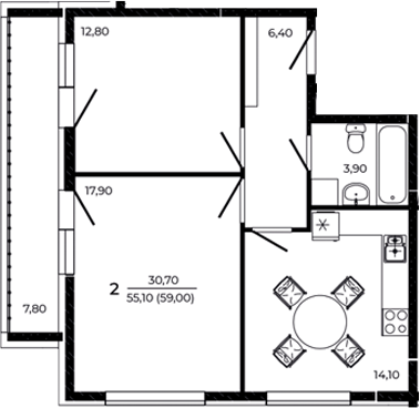 Планировка — Притяжение, 2-комн., 55 м²