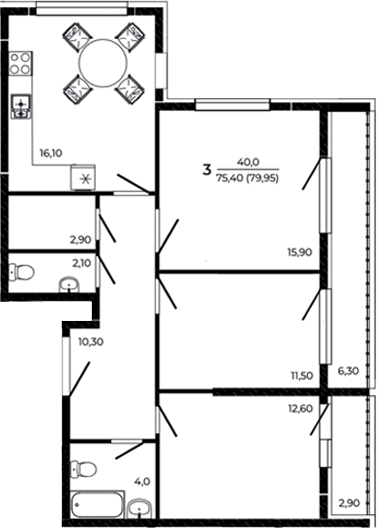 Планировка — Притяжение, 3-комн., 75 м²