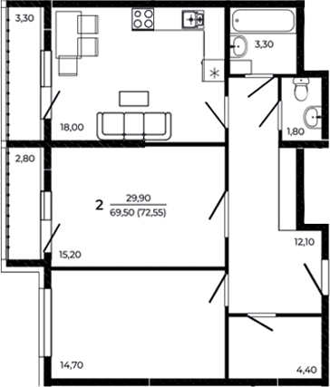 Планировка — Притяжение, 2-комн., 70 м²