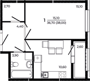Планировка — Притяжение, 1-комн., 37 м²