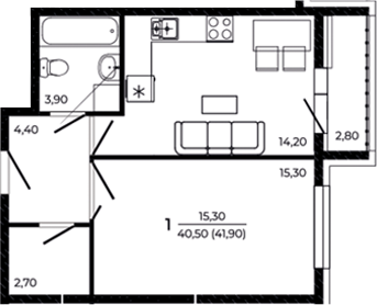 Планировка — Притяжение, 1-комн., 41 м²