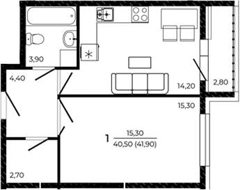 Планировка — Притяжение, 1-комн., 41 м²