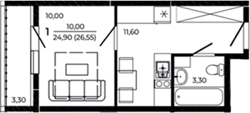 Планировка — Притяжение, 1-комн., 25 м²